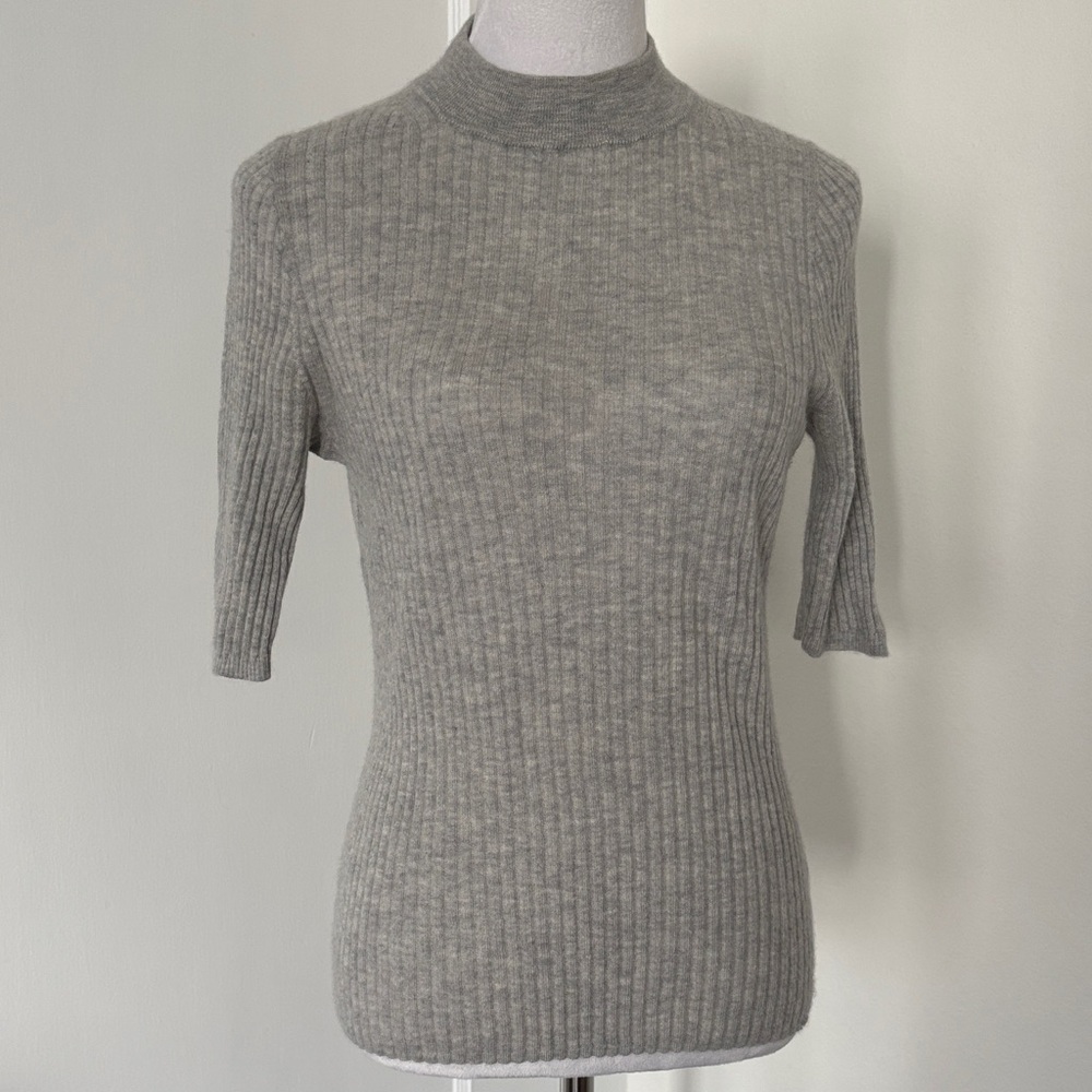 J. Crew Light Gray Ribbed Short Sleeve Mock Neck Top Cashmere Medium